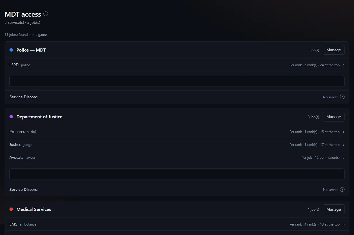 MDT → Settings, MDT access: each service (Police, Justice, Medical services) with its jobs, per-rank or per-job mode, the number of ranks and the Manage button to set permissions