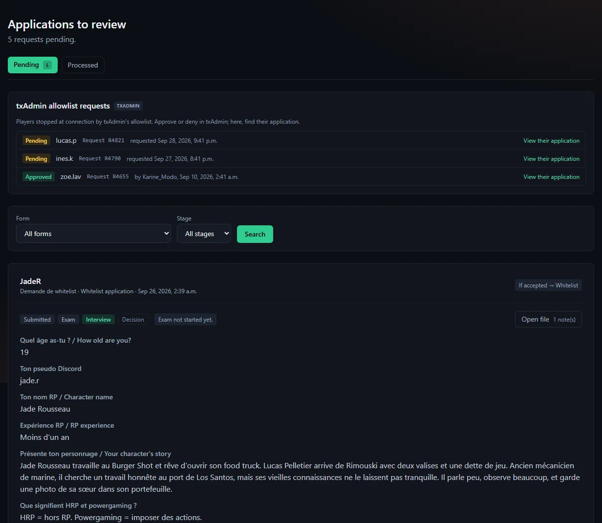 Moderation → Applications: filters by form and stage, then a request with its stages (Submitted, Exam, Interview, Decision), the applicant's answers and the Accept and Reject buttons