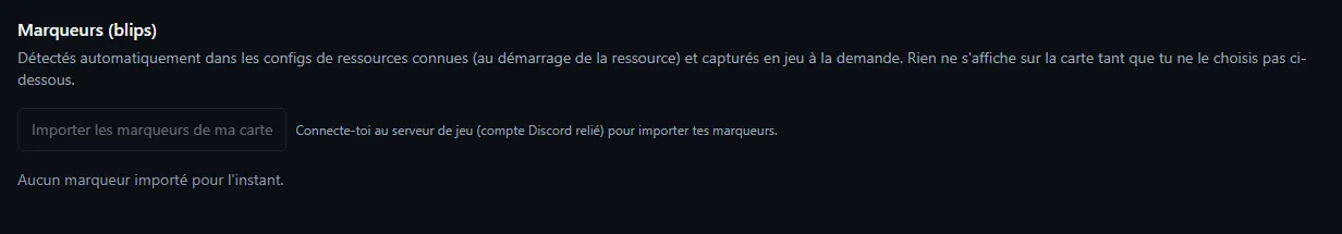 Administration → Configuration → Carte live : bloc Marqueurs (blips), bouton Importer les marqueurs de ma carte et liste vide avant le premier import