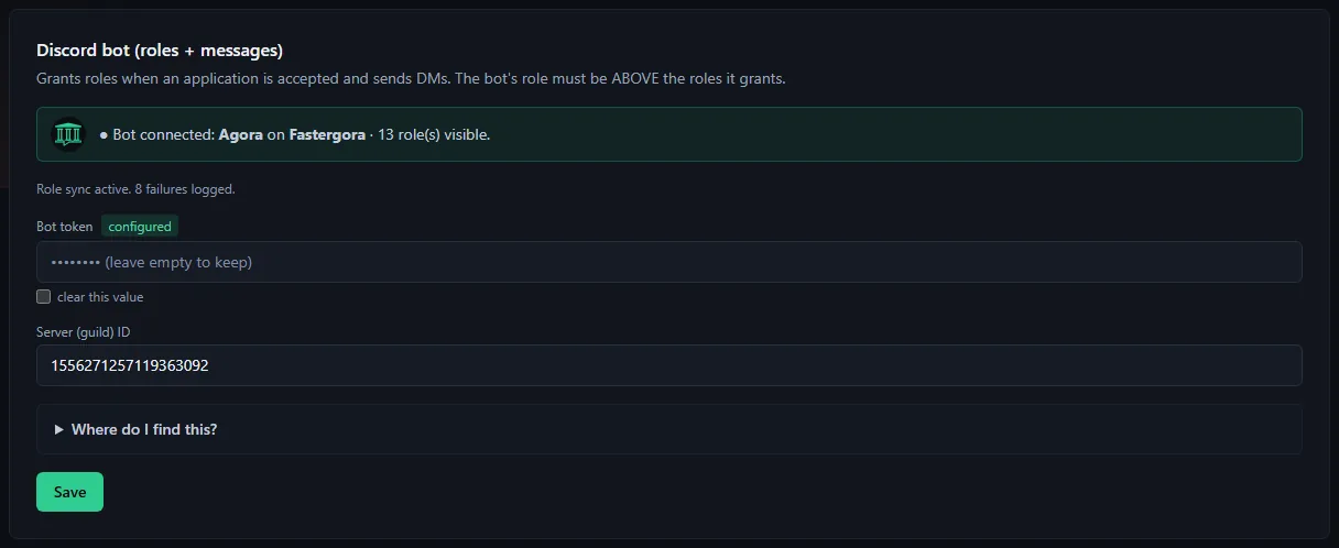 The Discord bot (roles + messages) block: "Bot connected" banner, hidden token marked configured, server ID