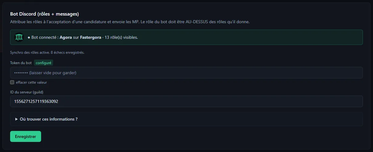 Le bloc Bot Discord (rôles + messages) : bannière « Bot connecté », token masqué marqué configuré, ID du serveur