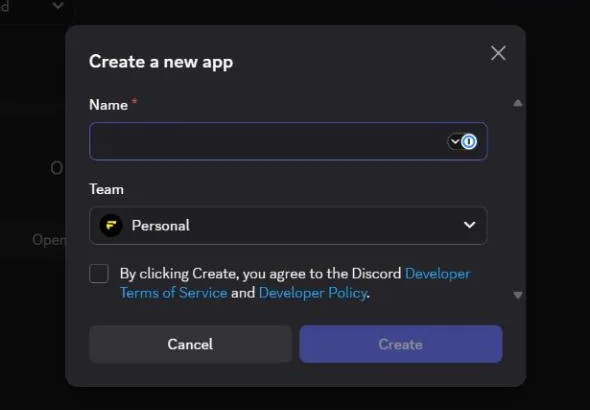 The Discord portal Create a new application window: name, team, terms checkbox