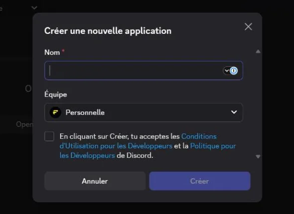 La fenêtre Créer une nouvelle application du portail Discord : nom, équipe, case des conditions