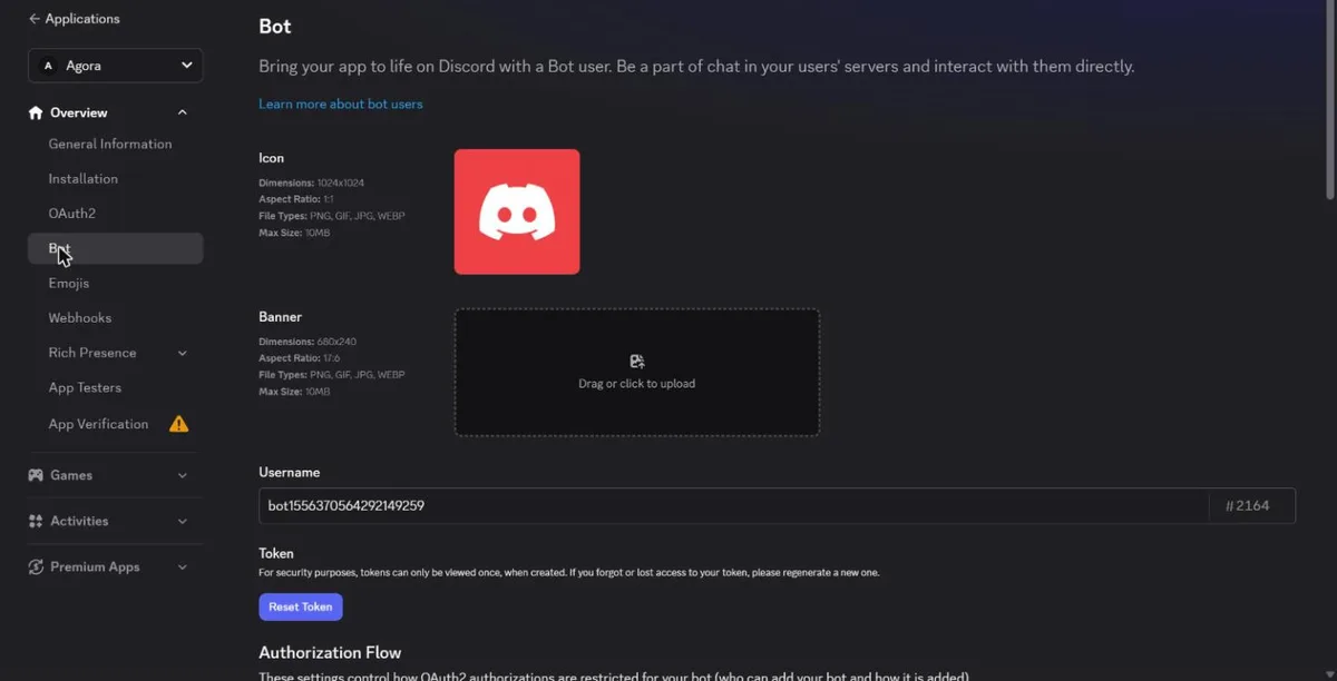 The Bot tab: icon, bot username and Reset Token button
