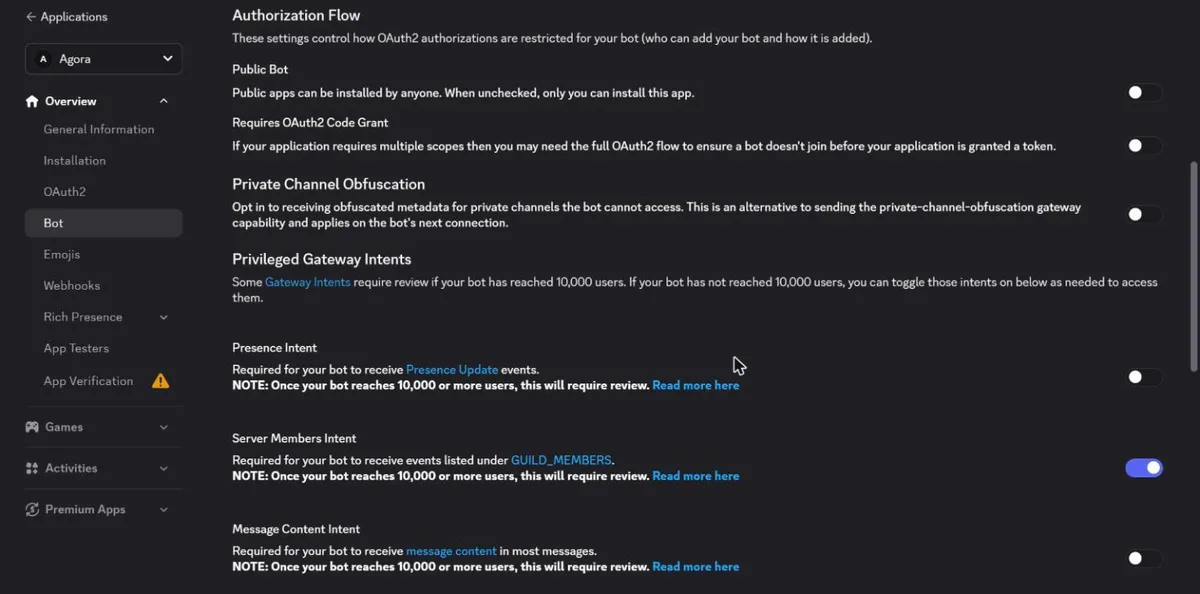 Authorization Flow and Privileged Gateway Intents: Public Bot and OAuth2 Code Grant off, only Server Members Intent on