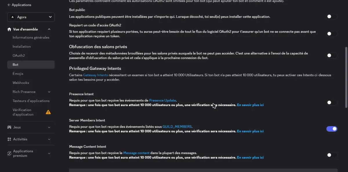 Flux d'autorisation et Privileged Gateway Intents : Bot public et code d'accès OAuth2 désactivés, seul Server Members Intent activé