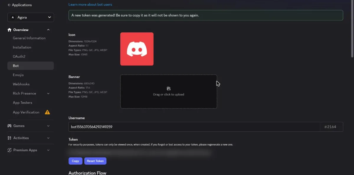 The new token shown only once (blurred here) with the Copy button