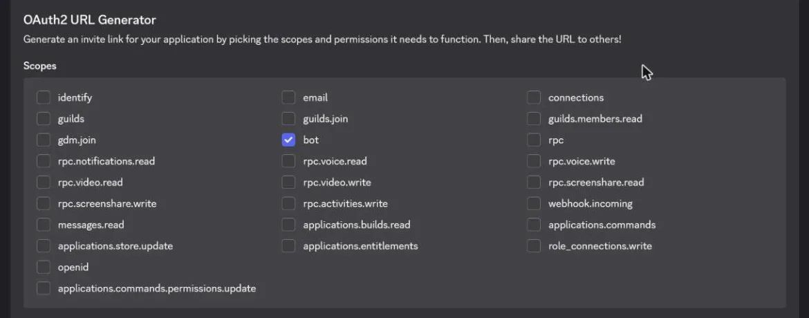 The OAuth2 URL Generator: only the bot box is ticked