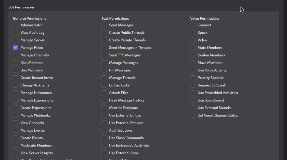 The bot permissions: only Manage Roles is ticked