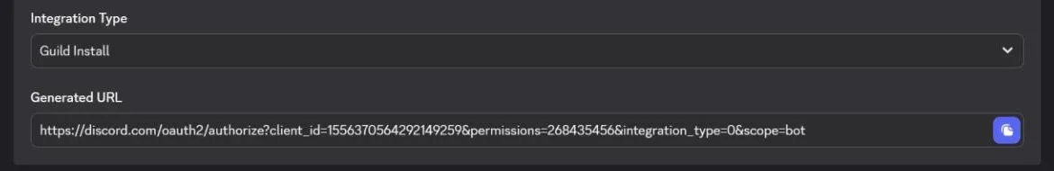 Integration Type Guild Install and the generated URL, with its copy button