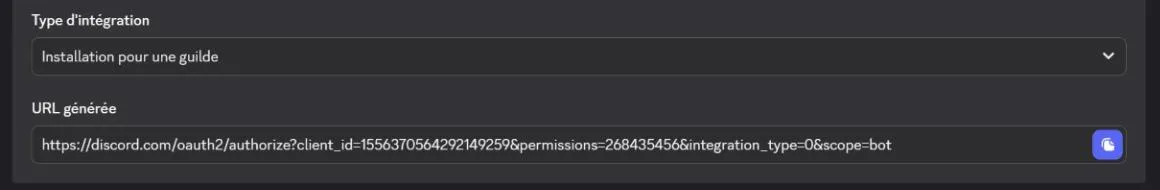 Type d'intégration Installation pour une guilde et l'URL générée, avec son bouton de copie