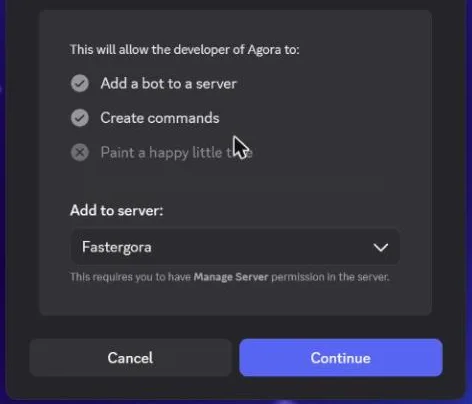 The invite: Add to server, with the server picked in the list