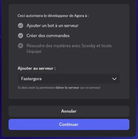 L'invitation : Ajouter au serveur, avec le serveur choisi dans la liste