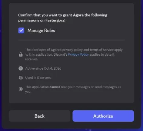 The permission confirmation: Manage Roles ticked, Authorize button