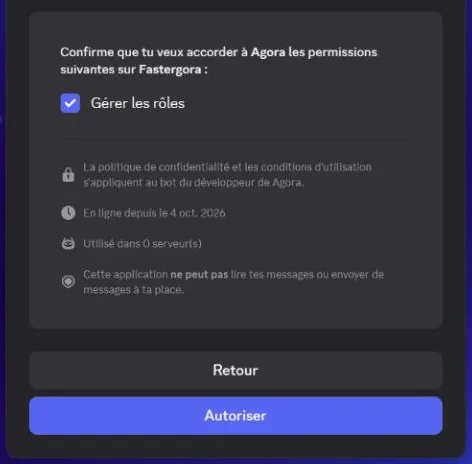 La confirmation des permissions : Gérer les rôles coché, bouton Autoriser