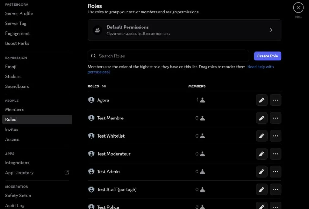 Server Settings, Roles: the Agora bot role at the very top, above the roles it gives