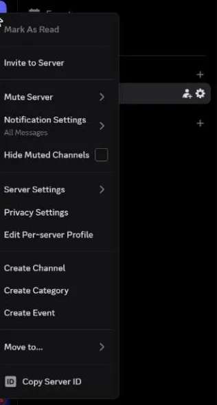 The server right-click menu, with Copy Server ID at the bottom