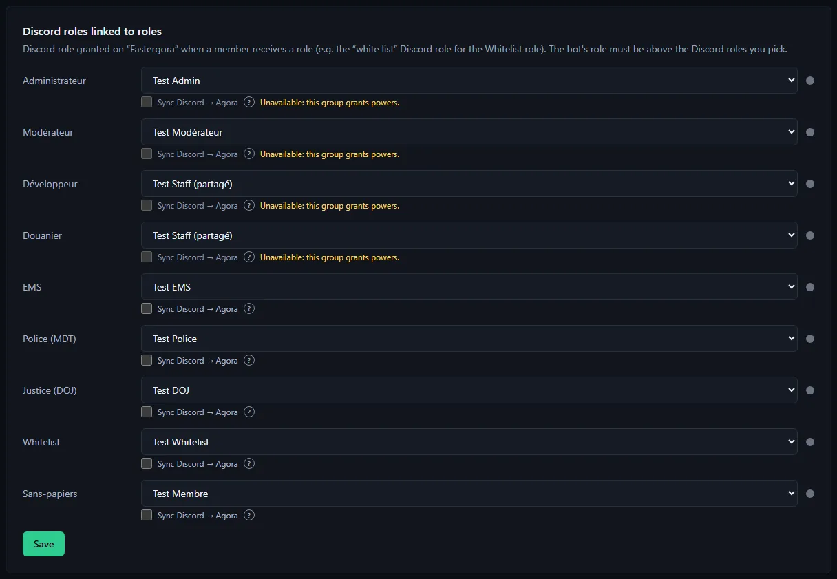 The Discord roles linked to roles section: each site role with the Discord role picked from the list