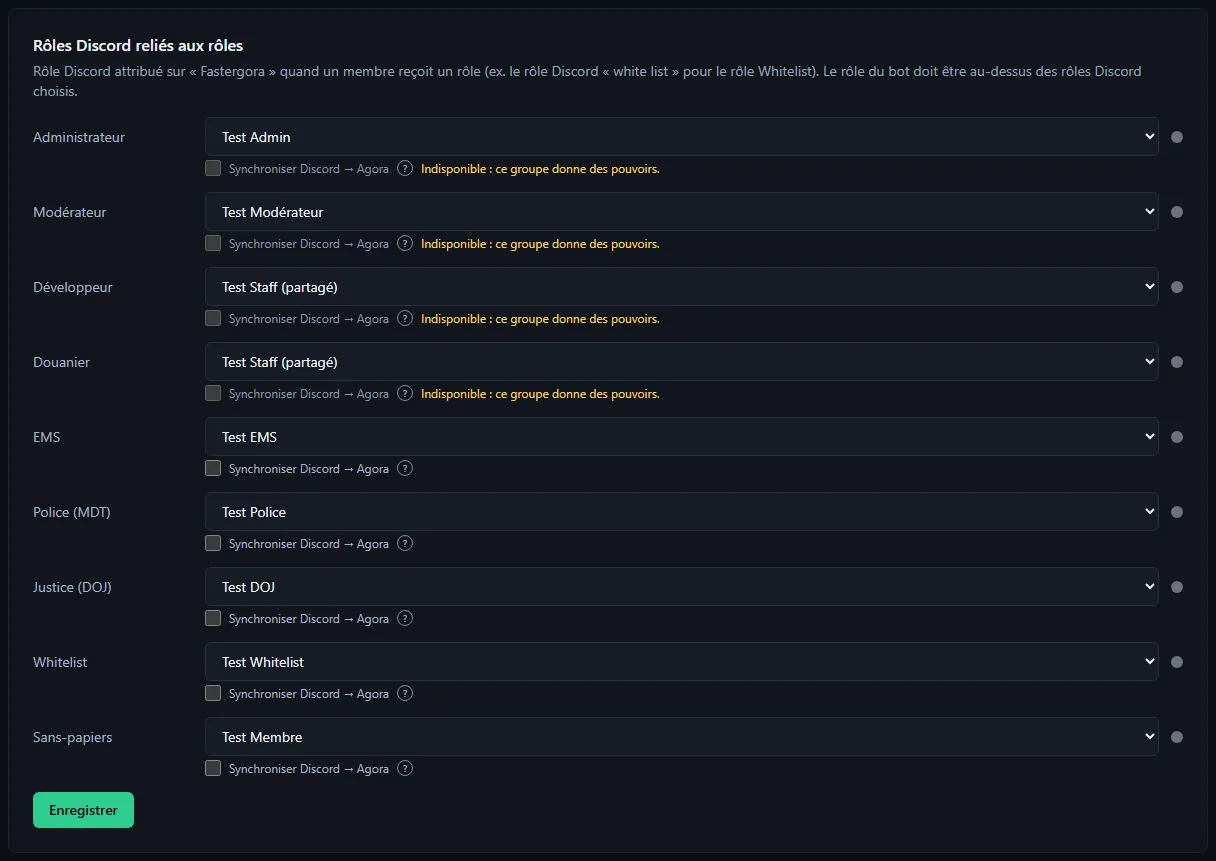 La section Rôles Discord reliés aux rôles : chaque rôle du site avec le rôle Discord choisi dans la liste