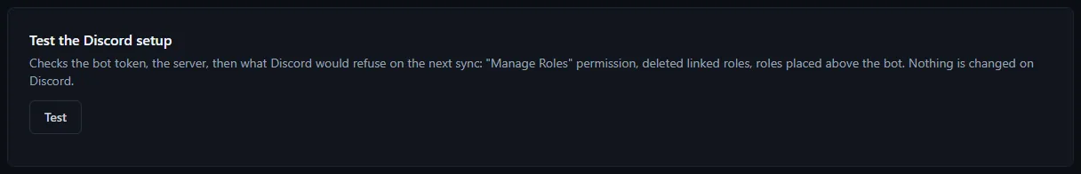 The Test the Discord setup block and its Test button