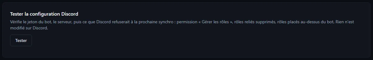 Le bloc Tester la configuration Discord et son bouton Tester