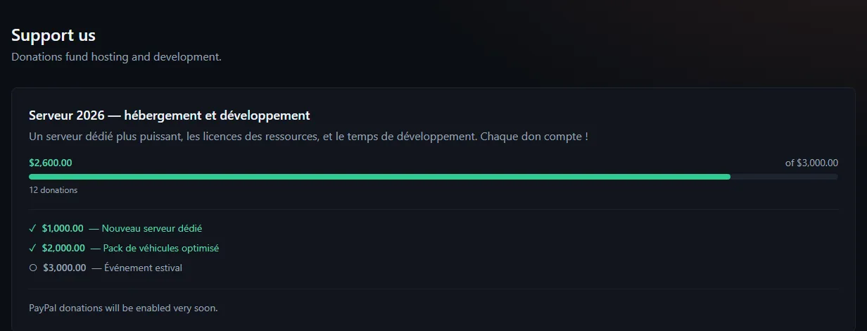 The Donations page as a member sees it: current campaign, amount raised against the goal, progress bar and reached tiers