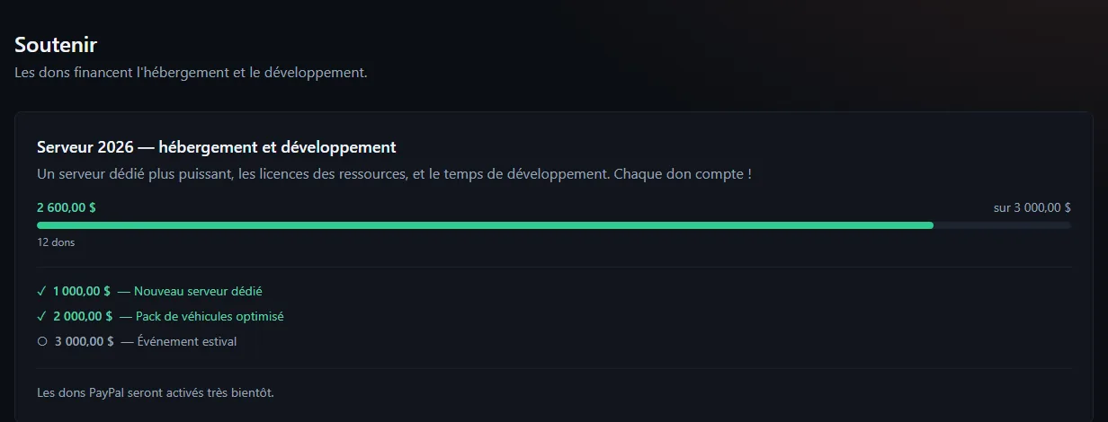 La page Dons vue par un membre : campagne en cours, montant récolté sur l'objectif, barre de progression et paliers atteints