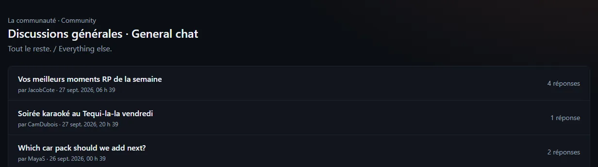 Une section du forum (« Discussions générales ») vue par un membre : titre bilingue, description et liste des sujets avec leur nombre de réponses