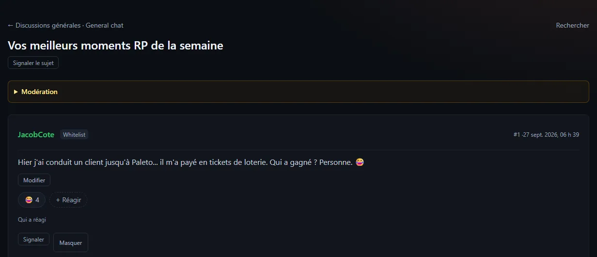 Page d'un sujet vue par un modérateur : bouton Signaler le sujet, panneau Modération repliable, et sous chaque message les boutons Modifier, Signaler et Masquer