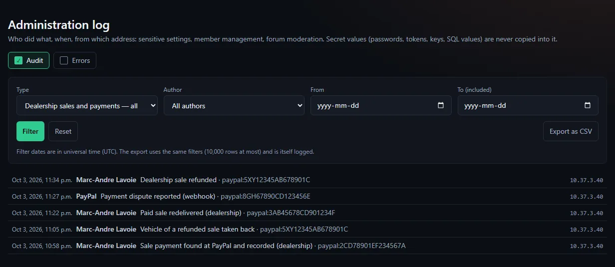 Administration → Logs filtered on the type "Dealership sales and payments — all": the Type, Author, From and To filters, then only the actions of that family (sale refunded, payment dispute, sale redelivered, vehicle taken back, payment found)