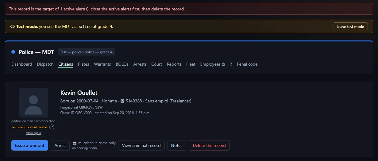 Deletion refused in the MDT: the red banner "This record is the target of 1 active alert(s): close the active alerts first, then delete the record", above the record, which stays untouched