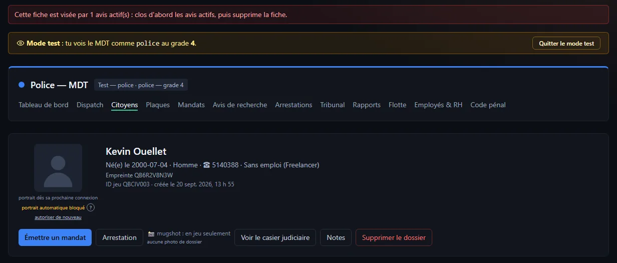 Suppression refusée dans le MDT : le bandeau rouge « Cette fiche est visée par 1 avis actif(s) : clos d'abord les avis actifs, puis supprime la fiche », au-dessus de la fiche qui reste intacte