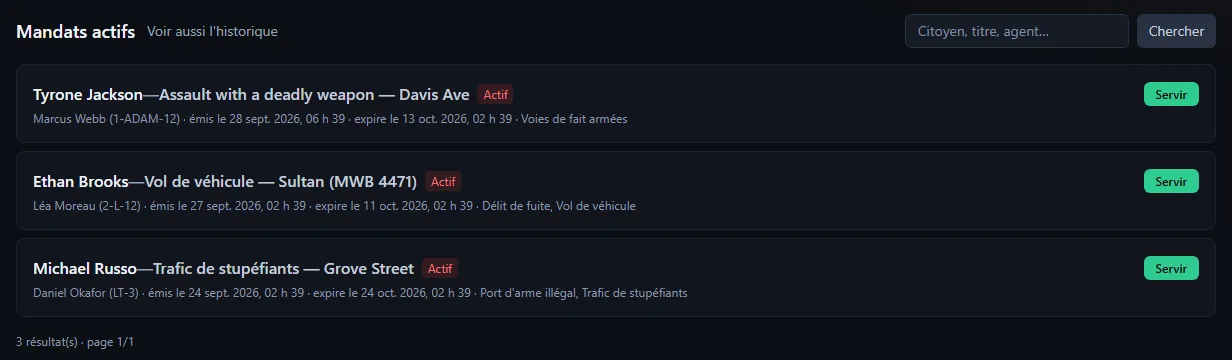 Liste des mandats actifs : citoyen visé, motif, agent émetteur, dates d'émission et d'expiration, chefs d'accusation et bouton Servir