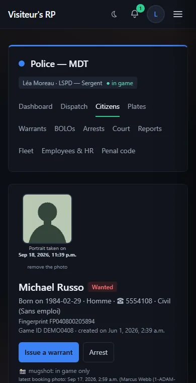 A citizen record in the MDT on a phone: photo, Wanted status, identity, Issue a warrant, Arrest, View criminal record and Notes buttons