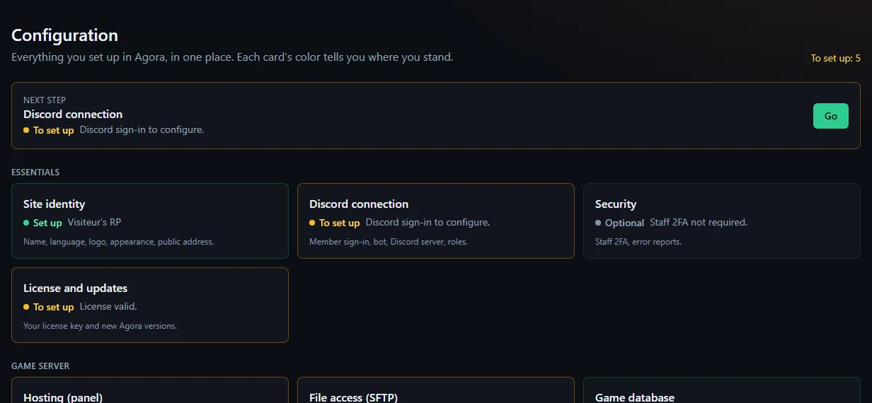 Administration → Configuration: the next step to set up, then the settings cards by theme (Essentials, Game server…) with their state: configured, to set up or optional