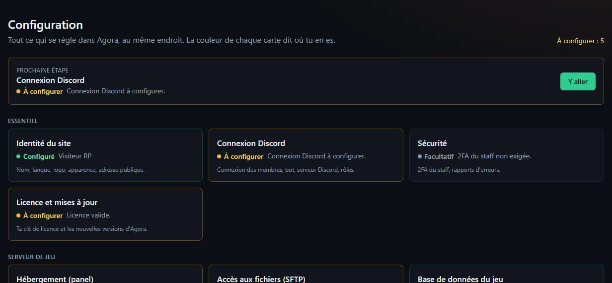 Administration → Configuration : la prochaine étape à régler, puis les cartes de réglages par thème (Essentiel, Serveur de jeu…) avec leur état : configuré, à configurer ou facultatif