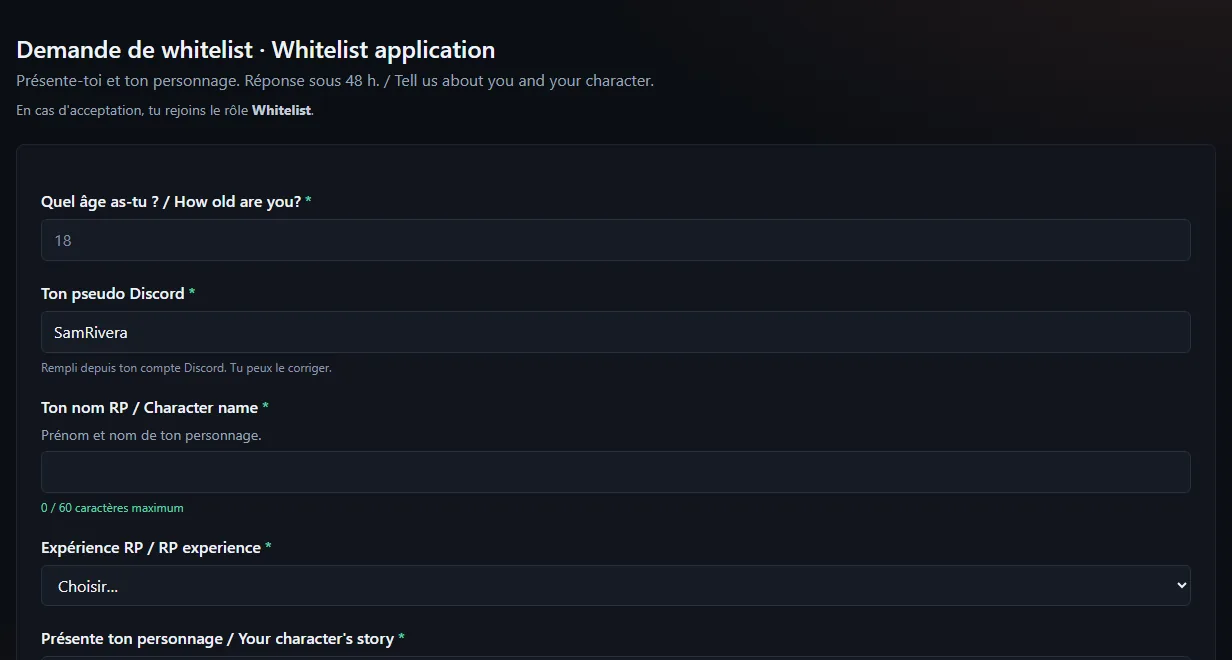 Mon espace → Candidatures : le formulaire de demande de whitelist, avec le pseudo Discord déjà rempli et les champs obligatoires marqués d'un astérisque