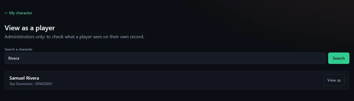 View as a player: searching a character by name, a result with their job and ID, View as button